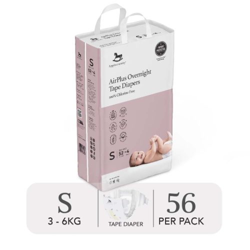 Bỉm tã dán đêm Applecrumby Airplus Overnight Mega Tape size S – 52+4 miếng (3 – 6kg)