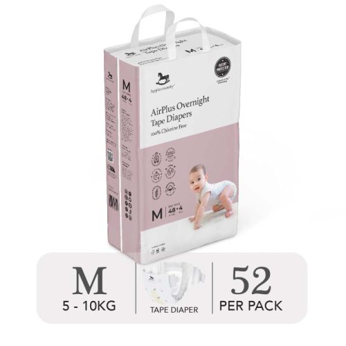 Bỉm tã dán đêm Applecrumby Airplus Overnight Mega Tape size M – 52 miếng (5 – 10kg)