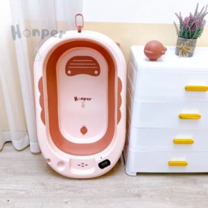 Chậu tắm gấp gọn kèm phao Honper có nhiệt kế màu hồng