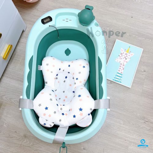 Chậu tắm gấp gọn kèm phao Honper có nhiệt kế màu xanh lá