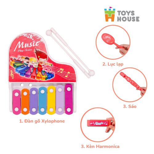 Đồ chơi đàn gõ Xylophone kèm sáo, lục lạc cho bé -ToyHouse – màu đỏ
