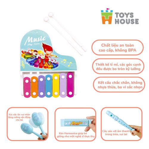 Đồ chơi đàn gõ Xylophone kèm sáo, lục lạc cho bé -ToyHouse – màu xanh