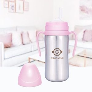 Bình tập uống Grosmimi Stainless Straw CUP 300ml – màu Hồng
