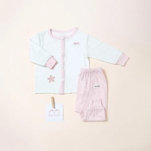 Bộ quần áo dài sơ sinh nút thẳng Bonchi-Trắng hồng